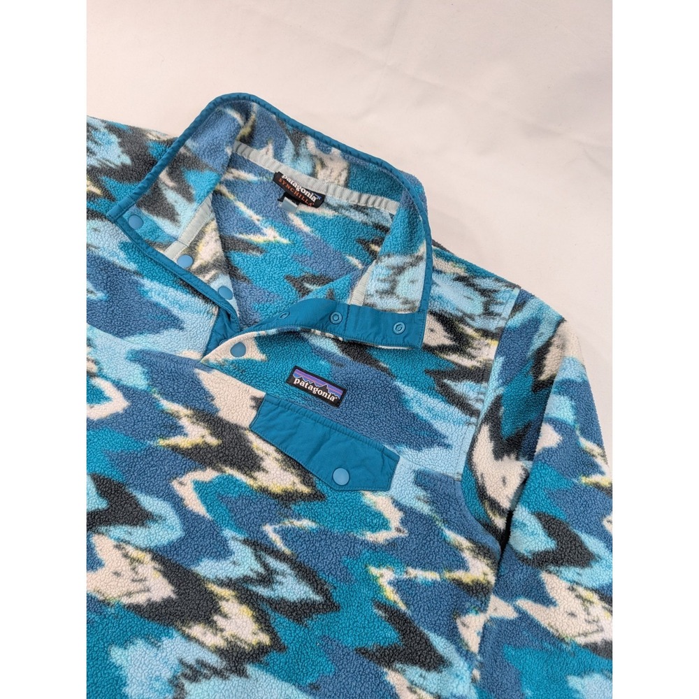 Patagonia Synchilla Fleece Trout Tales Elwha Blue Snaps Sweater Women's size Med